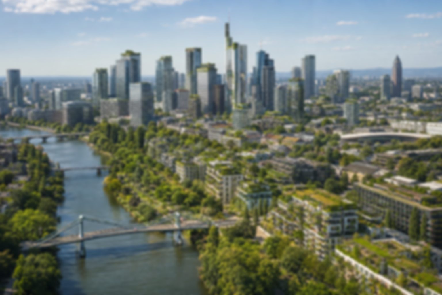 Luftbild einer grüneren Großstadt mit begrünten Dächern, Parks und Fluss, Skyline im Hintergrund