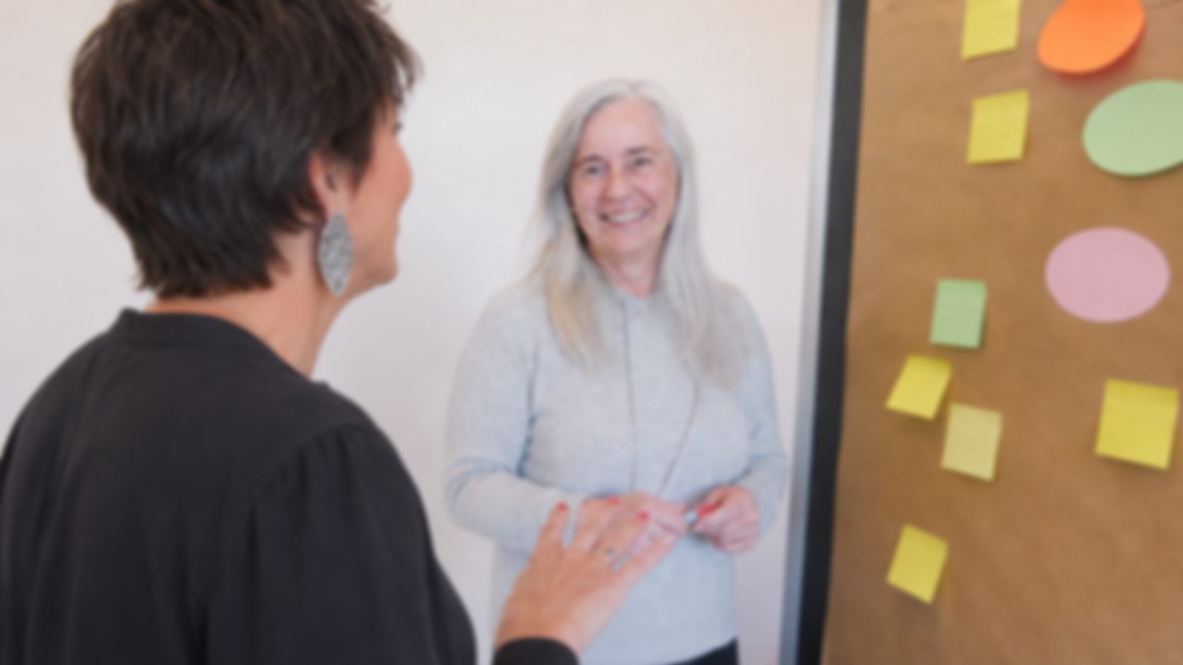 Zwei Frauen im Gespräch an einer Moderationswand voller Haftnotizen während eines Workshops